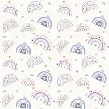 Cute pattern rainbow, star and hearts. Boho kids style. Print textile and bag イラスト素材