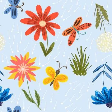 Cute pattern with red flowers and butterflies Stock Illustration