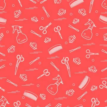 Cute pattern of scissors, combs, hairclip, hairpins and sprayer. For the prov Illustrazione stock