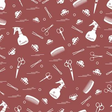 Cute pattern of scissors, combs, hairclip, hairpins and sprayer. For the prov Illustrazione stock
