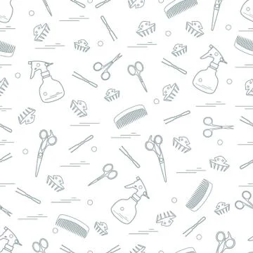 Cute pattern of scissors, combs, hairclip, hairpins and sprayer. For the prov Illustrazione stock
