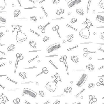 Cute pattern of scissors, combs, hairclip, hairpins and sprayer. For the prov Illustrazione stock