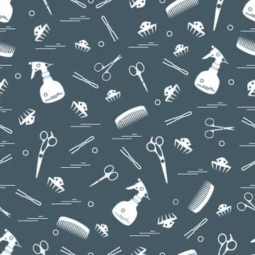 Cute pattern of scissors, combs, hairclip, hairpins and sprayer. For the prov Illustrazione stock