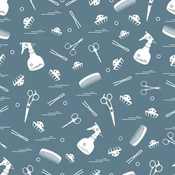 Cute pattern of scissors, combs, hairclip, hairpins and sprayer. For the prov Illustrazione stock