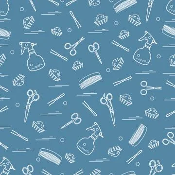 Cute pattern of scissors, combs, hairclip, hairpins and sprayer. For the prov Illustrazione stock