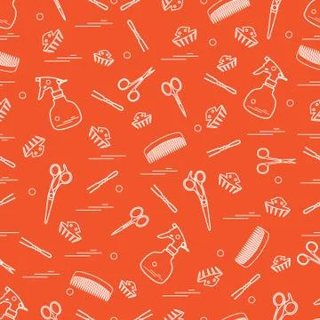 Cute pattern of scissors, combs, hairclip, hairpins and sprayer. For the prov Illustrazione stock