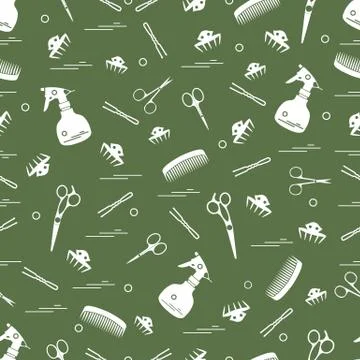Cute pattern of scissors, combs, hairclip, hairpins and sprayer. For the prov Illustrazione stock