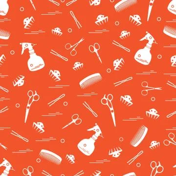 Cute pattern of scissors, combs, hairclip, hairpins and sprayer. For the prov イラスト素材