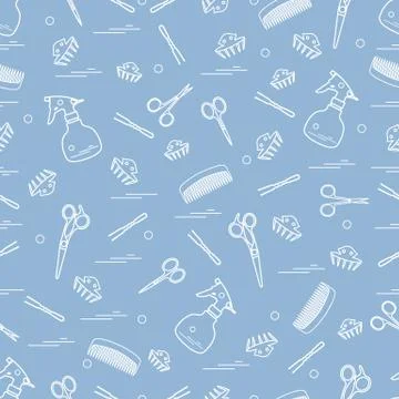 Cute pattern of scissors, combs, hairclip, hairpins and sprayer. For the prov Illustrazione stock
