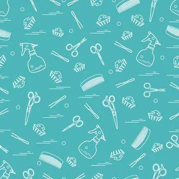 Cute pattern of scissors, combs, hairclip, hairpins and sprayer. For the prov イラスト素材