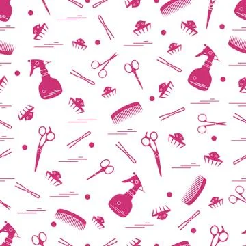 Cute pattern of scissors, combs, hairclip, hairpins and sprayer. For the prov イラスト素材