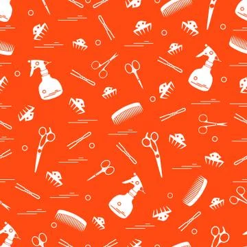 Cute pattern of scissors, combs, hairclip, hairpins and sprayer. For the prov Illustrazione stock