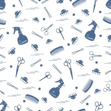 Cute pattern of scissors, combs, hairclip, hairpins and sprayer. For the prov Illustrazione stock