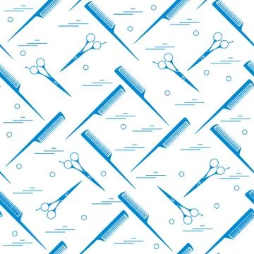 Cute pattern of scissors for cutting hair and combs. Stockillustratie