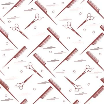 Cute pattern of scissors for cutting hair and combs. Illustrazione stock