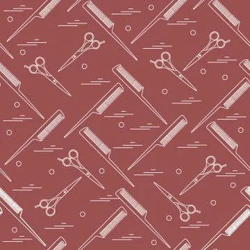 Cute pattern of scissors for cutting hair and combs. Illustrazione stock