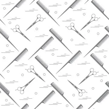 Cute pattern of scissors for cutting hair and combs. Stock Illustration