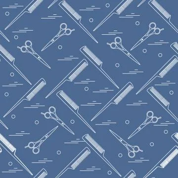 Cute pattern of scissors for cutting hair and combs. Stockillustratie