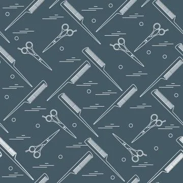Cute pattern of scissors for cutting hair and combs. Illustrazione stock
