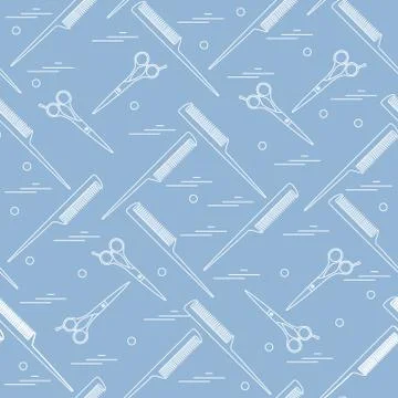 Cute pattern of scissors for cutting hair and combs. Stock Illustration