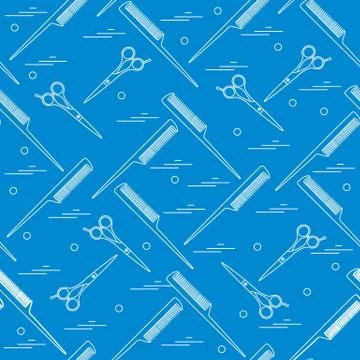 Cute pattern of scissors for cutting hair and combs. Stock Illustration