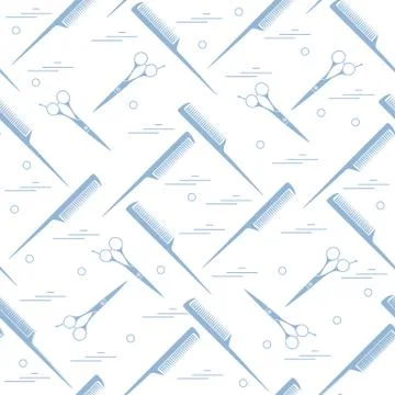 Cute pattern of scissors for cutting hair and combs. Stockillustratie