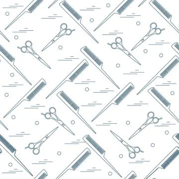 Cute pattern of scissors for cutting hair and combs. Stock Illustration