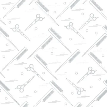 Cute pattern of scissors for cutting hair and combs. Illustrazione stock