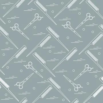 Cute pattern of scissors for cutting hair and combs. Illustrazione stock