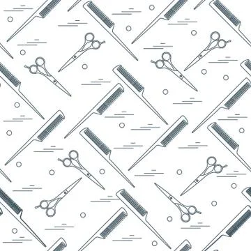 Cute pattern of scissors for cutting hair and combs. Stockillustratie