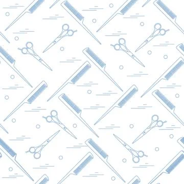 Cute pattern of scissors for cutting hair and combs. Stockillustratie