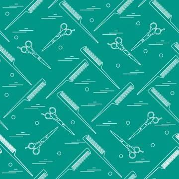 Cute pattern of scissors for cutting hair and combs. Stock Illustration