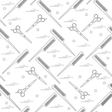 Cute pattern of scissors for cutting hair and combs. Stock Illustration