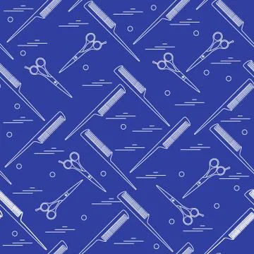 Cute pattern of scissors for cutting hair and combs. Stockillustratie
