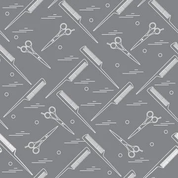 Cute pattern of scissors for cutting hair and combs. Stockillustratie