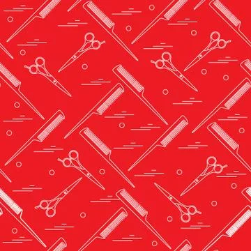 Cute pattern of scissors for cutting hair and combs. Illustrazione stock