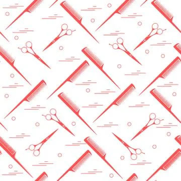 Cute pattern of scissors for cutting hair and combs. Stockillustratie
