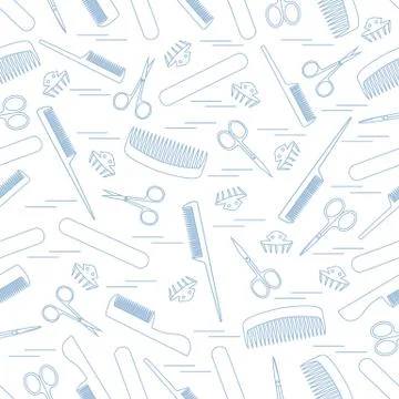 Cute pattern of scissors for manicure and pedicure, combs, nail file, barrett Stock Illustration