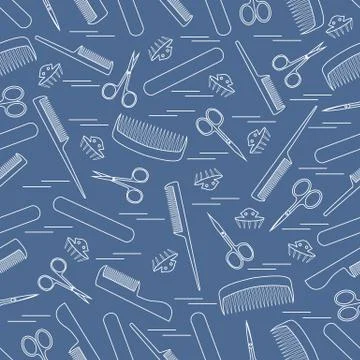 Cute pattern of scissors for manicure and pedicure, combs, nail file, barrett Stockillustratie