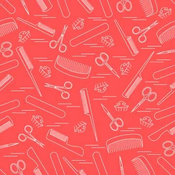 Cute pattern of scissors for manicure and pedicure, combs, nail file, barrett Illustrazione stock