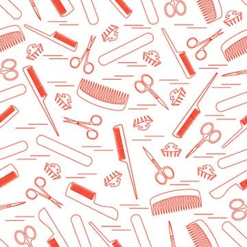 Cute pattern of scissors for manicure and pedicure, combs, nail file, barrett Illustrazione stock