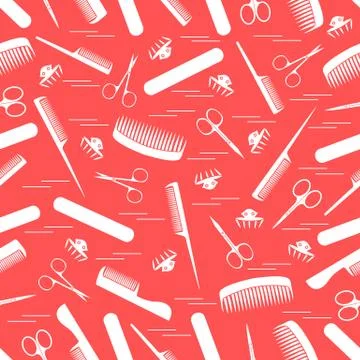 Cute pattern of scissors for manicure and pedicure, combs, nail file, barrett Illustrazione stock