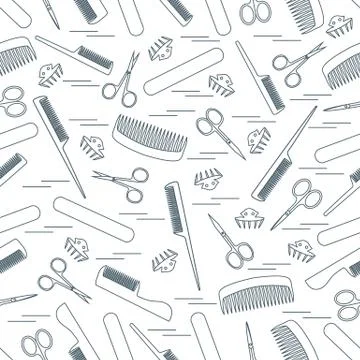 Cute pattern of scissors for manicure and pedicure, combs, nail file, barrett Stockillustratie