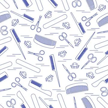 Cute pattern of scissors for manicure and pedicure, combs, nail file, barrett Stockillustratie