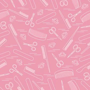 Cute pattern of scissors for manicure and pedicure, combs, nail file, barrett Stockillustratie
