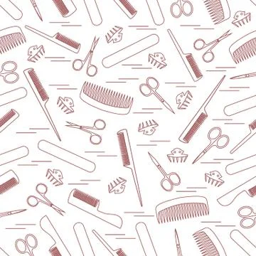 Cute pattern of scissors for manicure and pedicure, combs, nail file, barrett Illustrazione stock