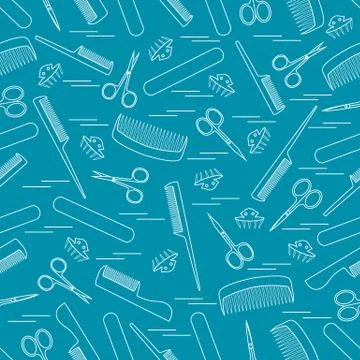 Cute pattern of scissors for manicure and pedicure, combs, nail file, barrett Illustrazione stock