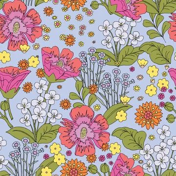 Cute pattern in a small flower. Small multicolored flowers. Light blue back.. Stock Illustration