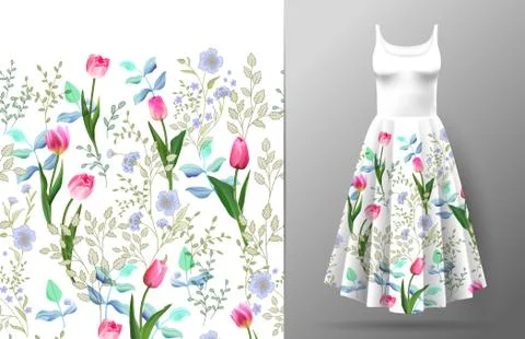 Cute pattern in small wildflowers and tulips. Seamless background and seamless Illustrazione stock