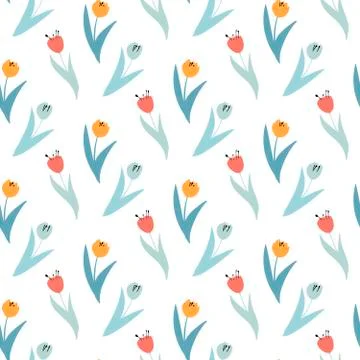 Cute pattern in small wildflowers and tulips. Seamless background and seamless Stock Illustration